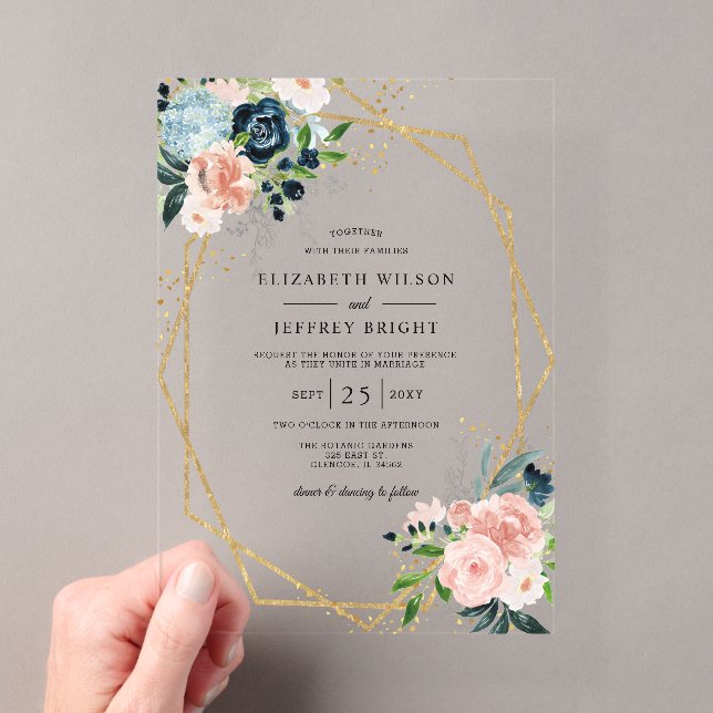 Invitations En Acrylique Russe Marine Blush Gold Floral Mariage géométrique (In situ (ordinateur de poche))
