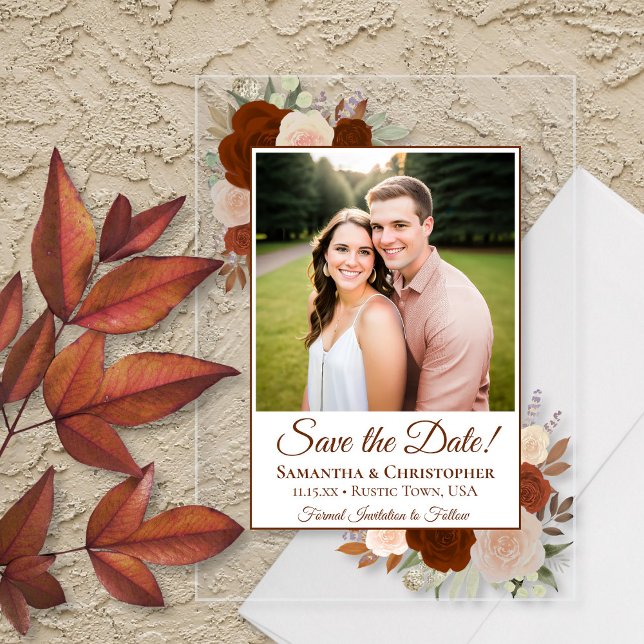 Invitations En Acrylique Rust Orange Automne Roses Mariage Enregistrer la d (Clear Acrylic with Rectangle Cut)