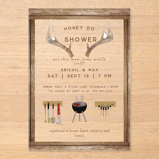 Invitations En Acrylique Rustic Antlers Honey Do Couples Wedding Shower  (Recto)