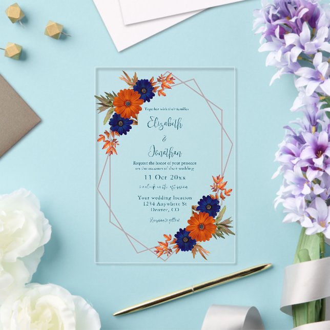 Invitations En Acrylique Rustic Autumn Orange Navy Blue Floral Wedding (Insitu (Mariage))
