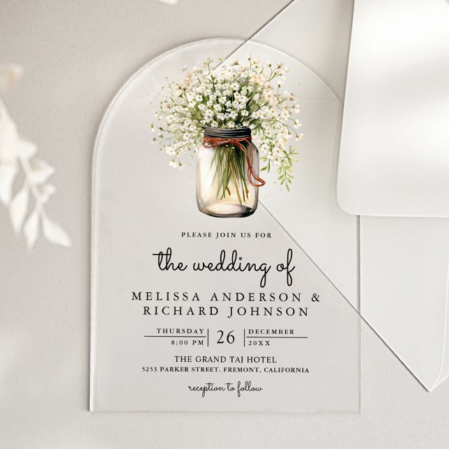 Invitations En Acrylique Rustic Baby's Breath Mason Jar Wedding (Créateur téléchargé)