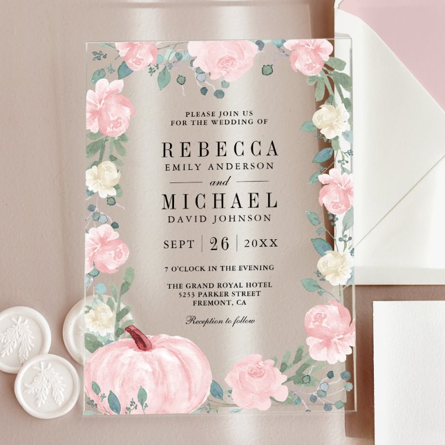 Invitations En Acrylique Rustic Blush Pink Floral Pumpkin Wedding (Créateur téléchargé)