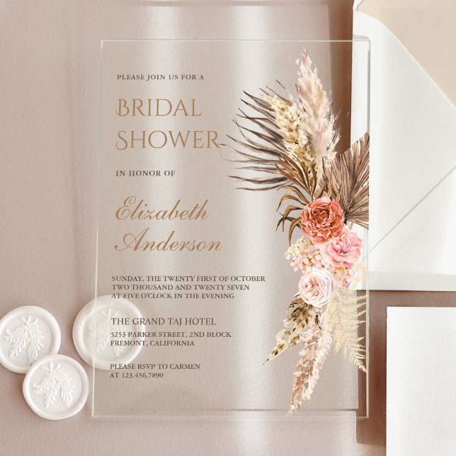 Invitations En Acrylique Rustic Boho Earthy Floral Pampas Bridal Shower (Créateur téléchargé)