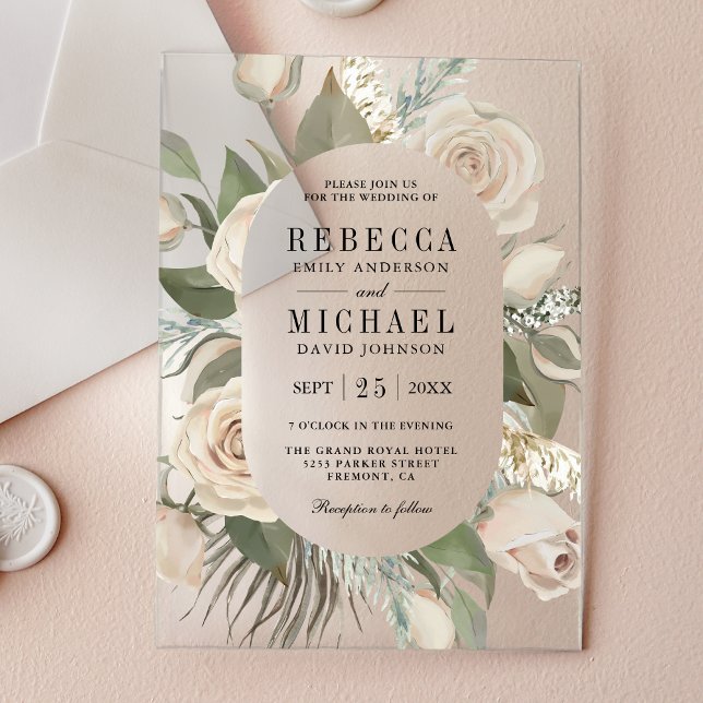 Invitations En Acrylique Rustic Boho Ivory Roses Sage Green Leaves Wedding (Créateur téléchargé)