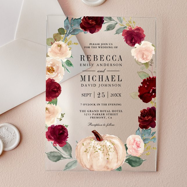 Invitations En Acrylique Rustic Burgundy and Peach Floral Pumpkin Wedding (Créateur téléchargé)