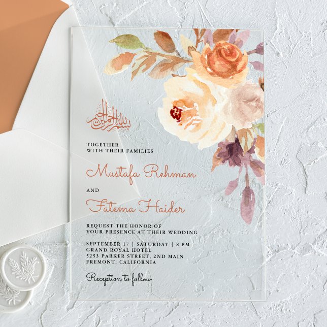 Invitations En Acrylique Rustic Earthy Floral Bouquet Islamic Wedding (Créateur téléchargé)