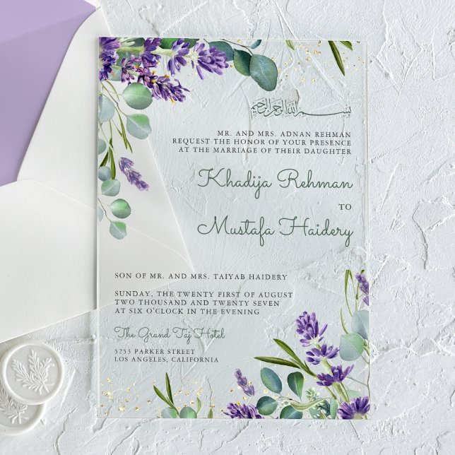 Invitations En Acrylique Rustic Eucalyptus Lavender Floral Islamic Wedding (Créateur téléchargé)