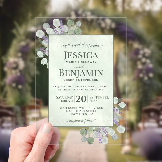 Invitations En Acrylique Rustic Eucalyptus & Lavender Stylish Text Wedding (Clear Acrylic with Rectangle Cut)