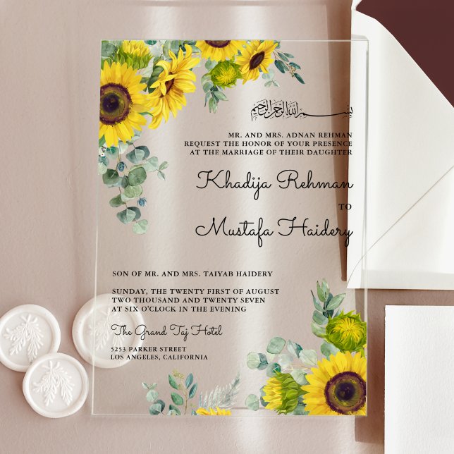 Invitations En Acrylique Rustic Eucalyptus Sunflower Islamic Muslim Wedding (Créateur téléchargé)