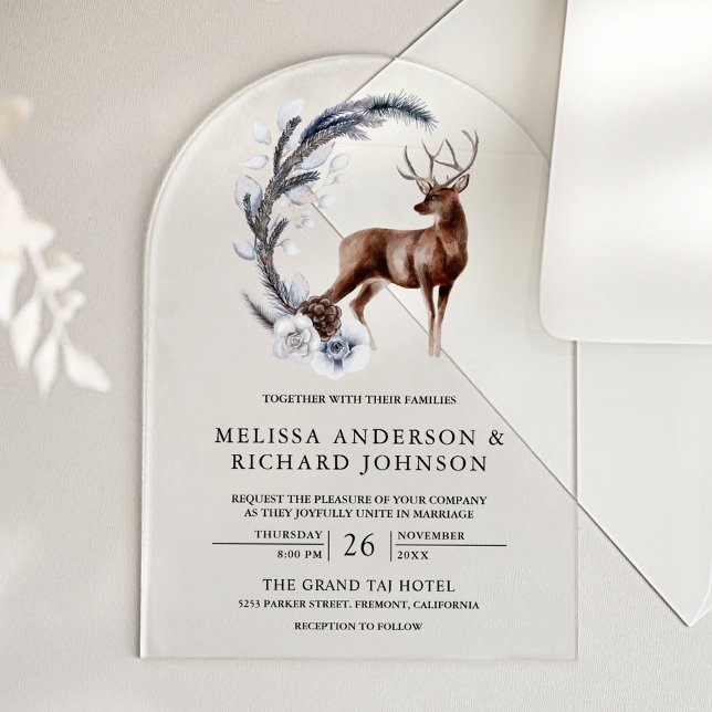Invitations En Acrylique Rustic Frosted Pine Leaves Forest Deer Wedding (Créateur téléchargé)