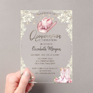 Invitations En Acrylique Rustic Lace,Lights Cowgirl Bottes Chapeau Quinceañ