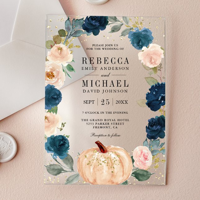 Invitations En Acrylique Rustic Navy Blue and Peach Floral Pumpkin Wedding (Créateur téléchargé)