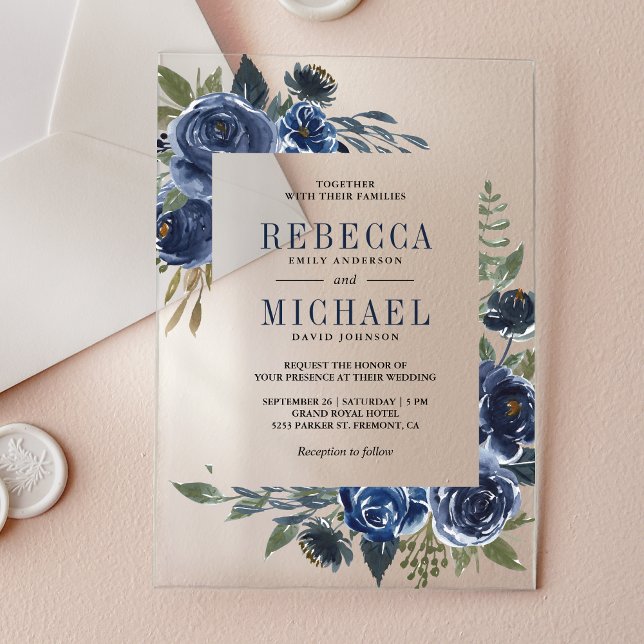 Invitations En Acrylique Rustic Navy Blue Floral Wedding (Créateur téléchargé)