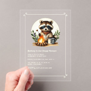 Invitations En Acrylique Rustic Raccoon "One Happy Camper" 1er anniversaire