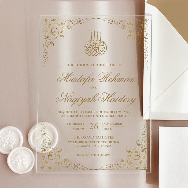 Invitations En Acrylique Rustic Swirl Frame Gold Muslim Wedding (Créateur téléchargé)