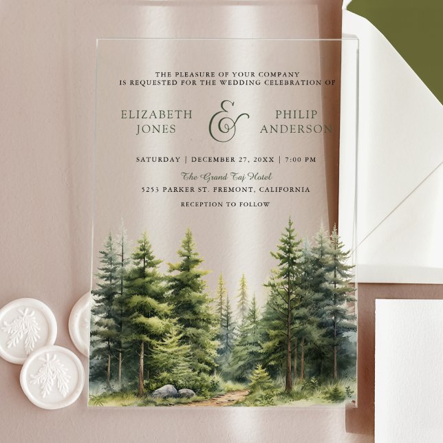 Invitations En Acrylique Rustic Winter Pine Trees Forest Wedding (Créateur téléchargé)