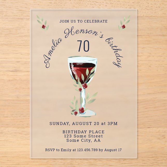 Invitations En Acrylique Rustique 70e anniversaire Verre rouge Anniversaire (Recto)