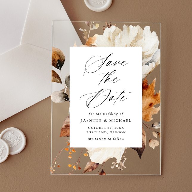 Invitations En Acrylique Rustique Automne Floral Frame Mariage Enregistrer  (Créateur téléchargé)