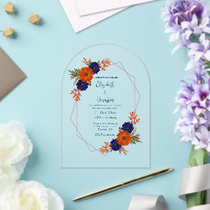 Invitations En Acrylique Rustique Automne Orange Marine Bleu Post-Mariage B