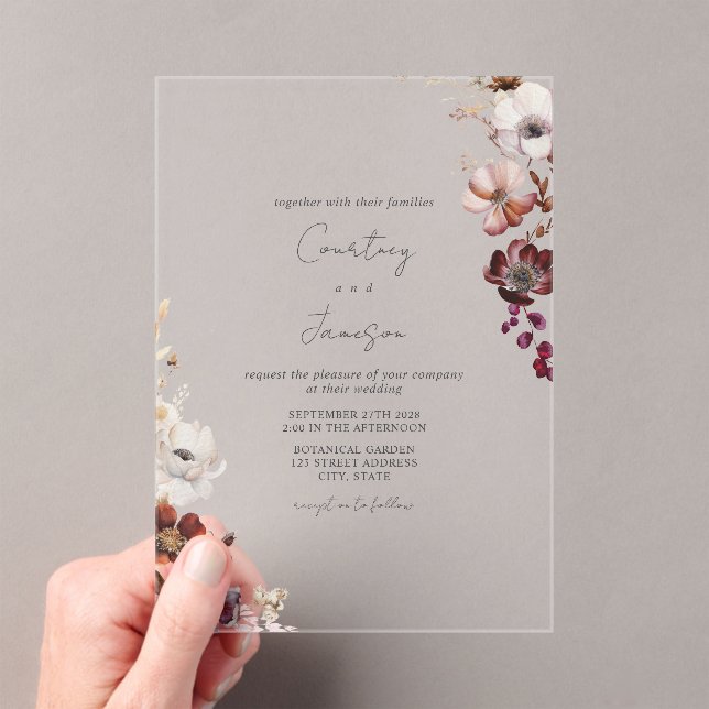 Invitations En Acrylique Rustique Bourgogne Blush Floral Mariage (In situ (ordinateur de poche))