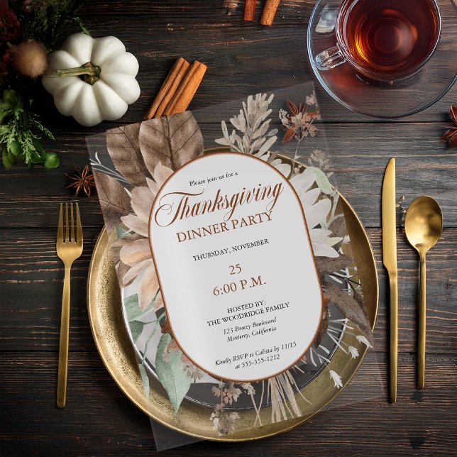 Invitations En Acrylique Rustique Floral Muet Tonalités Thanksgiving Dîner (Elegant Muted Rustic Floral Thanksgiving Dinner Party Acrylic Invitation)