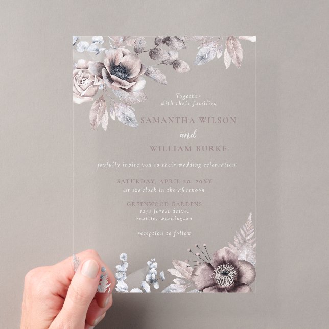 Invitations En Acrylique Rustique Marine Mauve Floral Mariage Botanique (In situ (ordinateur de poche))