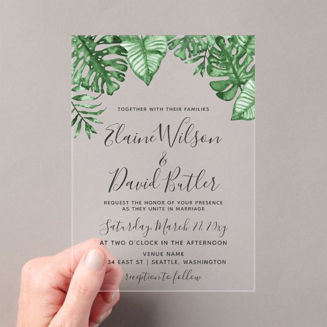 Invitations En Acrylique Rustique Tropical Greenery Mariage botanique (In situ (ordinateur de poche))