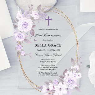 Invitations En Acrylique Rustique violet Rose Floral Première sainte commun