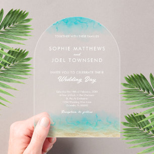 Invitations En Acrylique Sable & Mer Turquoise White Beach Mariage à thème