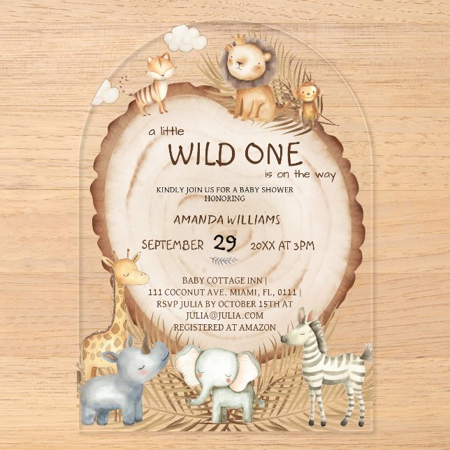 Invitations En Acrylique Safari Animaux Boho Baby shower mignon (Recto)