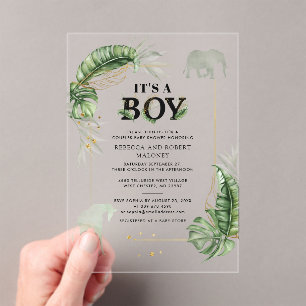 Invitations En Acrylique Safari Elephant Giraffe Baby shower garçon