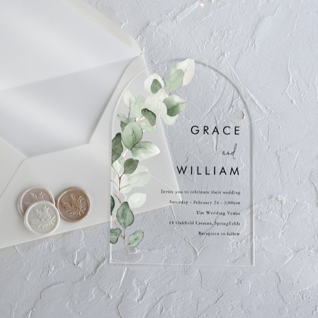 Invitations En Acrylique Sage Green Aquarelle Feuille Mariage moderne (Créateur téléchargé)