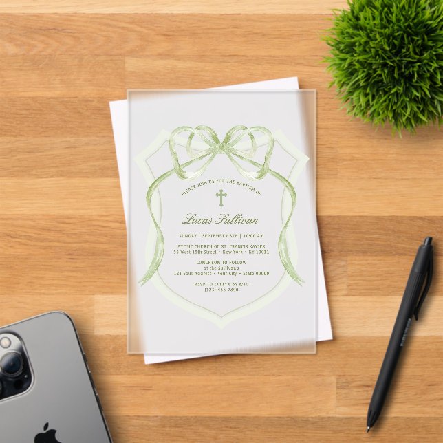Invitations En Acrylique Sage Green Bow Crest Baptême (Insitu (Carte d'invitation))