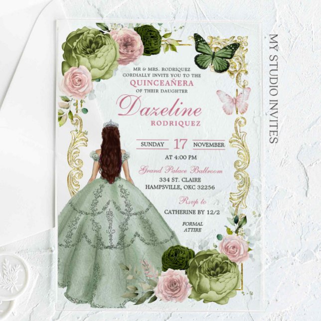 Invitations En Acrylique Sage Green et Blush Princess Quinceanera (Créateur téléchargé)