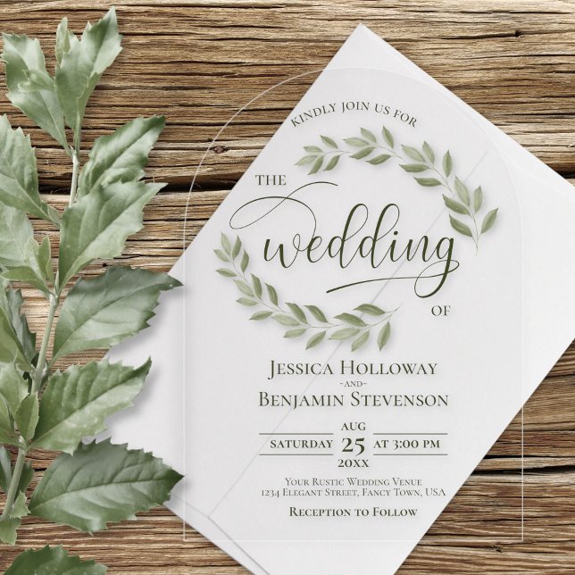 Invitations En Acrylique Sage Green Feuilles ou vignes Mariage de script él (Clear Acrylic with Arch Cut)