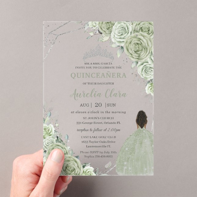 Invitations En Acrylique Sage Green Floral Brown fille Argent 15 Quinceañer (In situ (ordinateur de poche))