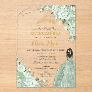 Invitations En Acrylique Sage Green Floral Brown Princesse Or Quinceañera