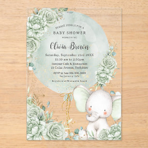 Invitations En Acrylique Sage Green Floral Elephant Baby shower neutre