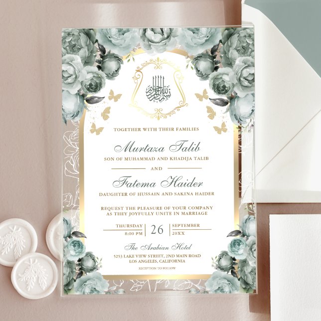 Invitations En Acrylique Sage Green Floral or Arch Mariage musulman (Créateur téléchargé)
