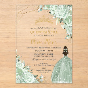 Invitations En Acrylique Sage Green Floral Princesse Robe Or Quinceañera