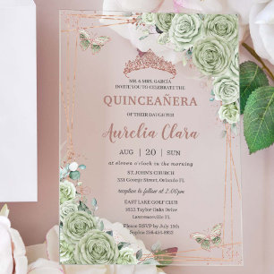 Invitations En Acrylique Sage Green Floral Rose Or Quinceañera Anniversaire