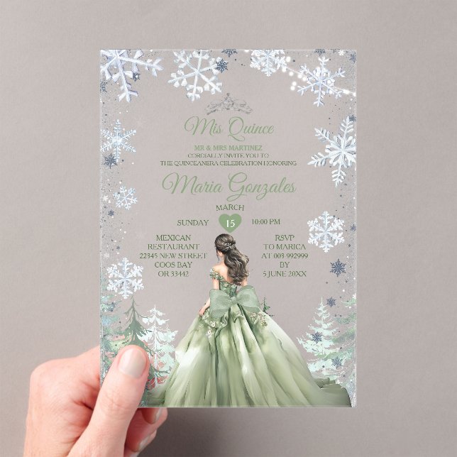 Invitations En Acrylique Sage Green Forest Winter Princess Mis Quince (In situ (ordinateur de poche))