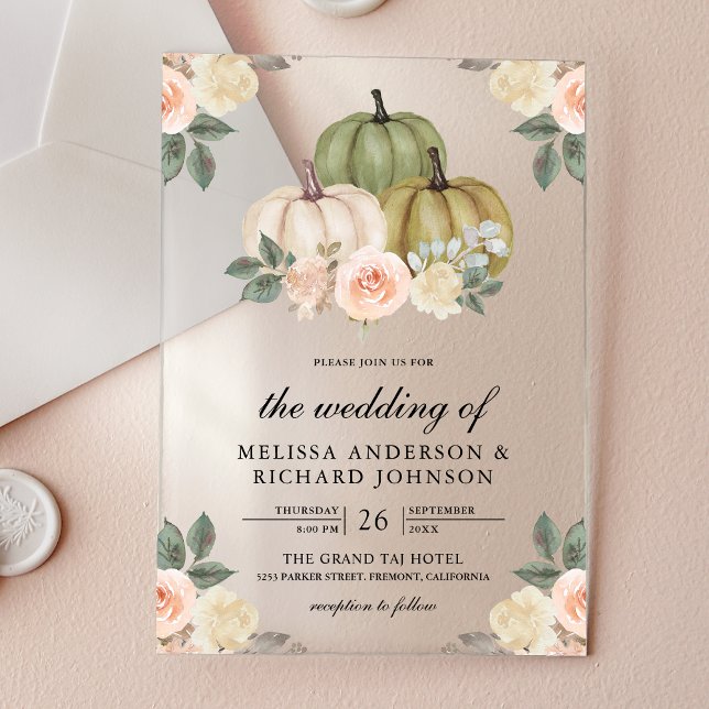 Invitations En Acrylique Sage Green Pumpkin and Dusty Peach Floral Wedding (Créateur téléchargé)