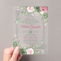 Sage Green Quinceañera Pink Silver Crown Papillon