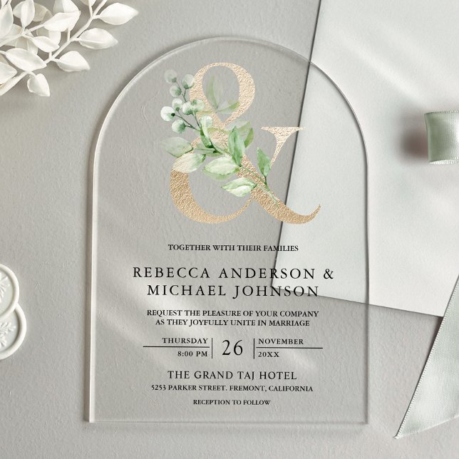 Invitations En Acrylique Sage Greenery Gold Ampersand Wedding (Créateur téléchargé)