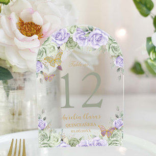 Invitations En Acrylique Sage Lilac Floral Gold Quinceañera 16 Numéro de ta