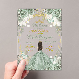 Invitations En Acrylique Sage Mis Quince Dusty Green Floral Quinceañera