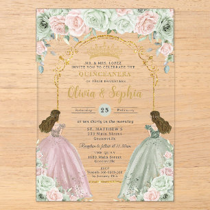Invitations En Acrylique Sage Vert Blush Floral Jumelles Quinceañera 