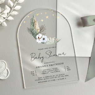 Invitations En Acrylique Sage Vert Bohème Fleurs Lune Arche Baby Shower