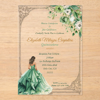Invitations En Acrylique Sage vert de forêt enchantée Quinceañera